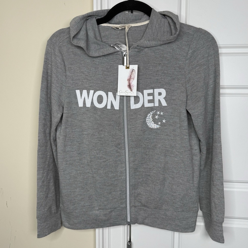 Jessica Simpson Wonder Hoodie Girls Large Grey Sweater Rhinestones Full Zip Y2K